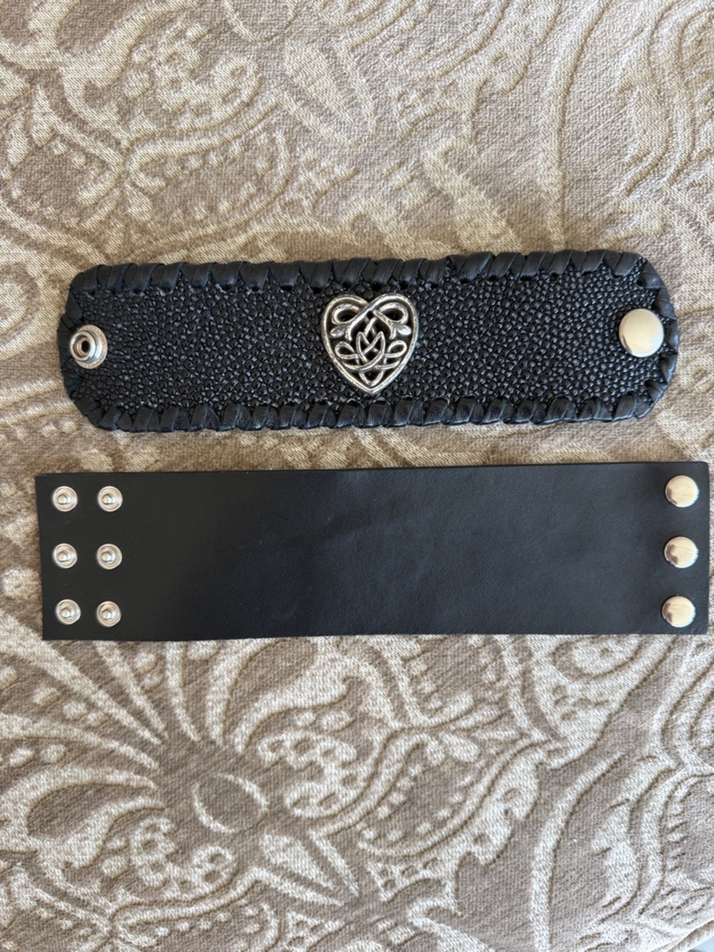 Black Leather Snap Cuff Bracelet with Silver Celtic Heart